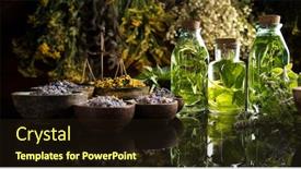  Presentation with oils - PPT theme with fresh-herbs-and-oils-wooden background and a wine colored foreground