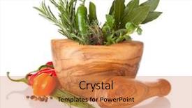  Presentation with herbs on wood - Colorful PPT theme enhanced with fresh herbs in wooden grinder backdrop and a coral colored foreground