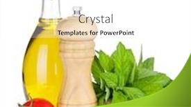  Presentation with olive - Slides consisting of fresh herbs tomato olive oil and pepper shaker isolated on white background background and a white colored foreground