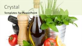  Presentation with olive oil - Beautiful theme featuring fresh herbs tomato olive oil and pepper shaker isolated on white background backdrop and a blonde colored foreground