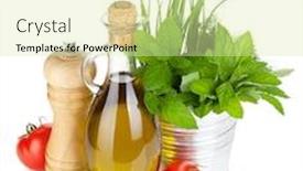  Presentation with olive oil - Presentation design having fresh herbs tomato olive oil and pepper shaker isolated on white background background and a soft green colored foreground