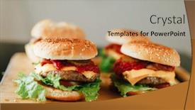  Presentation with burgers - PPT layouts consisting of fresh homemade burgers on wooden tray background and a light gray colored foreground