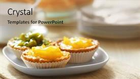  Presentation with kiwi fruit - PPT layouts enhanced with fresh homemade fruit tarts with citruses and kiwi on a white table background and a coral colored foreground