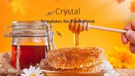  Presentation with served - Audience pleasing PPT theme consisting of fresh-honey-jar-with-dipper backdrop and a gold colored foreground