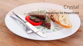  Presentation with fresh meat - PPT theme consisting of fresh hot grilled beef meat steak served with red hot pepper and white bun slices on plate over wooden table background and a lemonade colored foreground