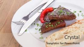  Presentation with fresh meat - PPT layouts consisting of fresh hot grilled beef meat steak served with red hot pepper and white bun slices on plate over wooden table background and a lemonade colored foreground