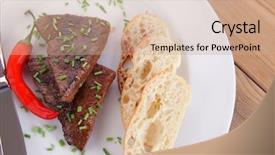  Presentation with fresh meat - Audience pleasing slide deck consisting of fresh hot grilled beef meat steak served with red hot pepper and white bun slices on plate over wooden table backdrop and a coral colored foreground