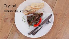  Presentation with fresh meat - Presentation consisting of fresh hot grilled beef meat steak served with red hot pepper and white bun slices on plate over wooden table background and a coral colored foreground