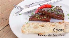  Presentation with fresh meat - Cool new slides with fresh hot grilled beef meat steak served with red hot pepper and white bun slices on plate over wooden table backdrop and a lemonade colored foreground