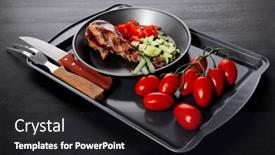  Presentation with hot metal - Amazing presentation having fresh hot grilled turkey drumstick leg with vegetables on black metal plate over wooden table backdrop and a dark gray colored foreground