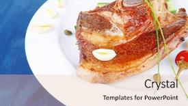  Presentation with fresh meat - Cool new slides with fresh hot roasted lamb meat fillet ready on china plate with tomatoes green pepper and garlic on blue wooden table backdrop and a lemonade colored foreground