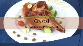  Presentation with fresh meat - Colorful PPT theme enhanced with fresh hot roasted lamb meat fillet ready on china plate with tomatoes green pepper and garlic on blue wooden table backdrop and a coral colored foreground