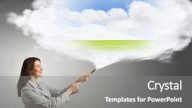  Presentation with paint brush - Amazing theme having fresh idea - young pretty businesswoman holding paint backdrop and a gray colored foreground