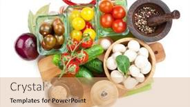  Presentation with mushroom - Audience pleasing PPT theme consisting of fresh ingredients for cooking tomato cucumber mushroom and spices isolated on white background backdrop and a coral colored foreground