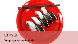  Presentation with japan sushi - PPT layouts with fresh japan maki and onigiri sushi on red plate with sticks isolated on white background background and a coral colored foreground
