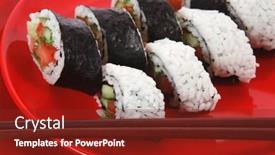  Presentation with japan sushi - PPT layouts with fresh japan maki and onigiri sushi on red plate with sticks isolated on white background background and a tawny brown colored foreground
