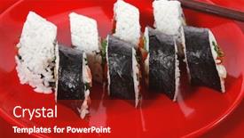  Presentation with japan sushi - Colorful presentation design enhanced with fresh japan maki and onigiri sushi on red plate with sticks isolated on white background backdrop and a crimson colored foreground
