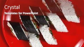  Presentation with japan sushi - Audience pleasing slide set consisting of fresh japan maki and onigiri sushi on red plate with sticks isolated on white background backdrop and a tawny brown colored foreground