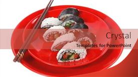  Presentation with japan sushi - PPT theme with fresh japan maki and onigiri sushi on red plate with sticks isolated on white background background and a red colored foreground