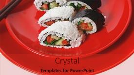  Presentation with japan sushi - PPT layouts enhanced with fresh japan maki and onigiri sushi on red plate with sticks isolated on white background background and a red colored foreground
