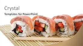  Presentation with japan sushi - Beautiful theme featuring fresh japan onigiri inside out sashimi sushi on wooden bamboo mat with sticks isolated on white background backdrop and a white colored foreground