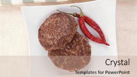 Presentation with tablecloth - Colorful slide deck enhanced with fresh juicy beef meat hamburger with dry pepper on white plate over tablecloth with cutlery backdrop and a coral colored foreground