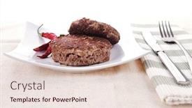  Presentation with tablecloth - PPT theme enhanced with fresh juicy beef meat hamburger with dry pepper on white plate over tablecloth with cutlery background and a lemonade colored foreground
