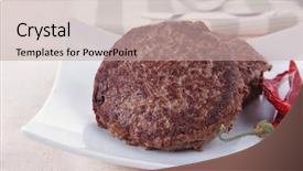  Presentation with tablecloth - Slide deck consisting of fresh juicy beef meat hamburger with dry pepper on white plate over tablecloth with cutlery background and a mint green colored foreground