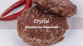  Presentation with tablecloth - Cool new presentation theme with fresh juicy beef meat hamburger with dry pepper on white plate over tablecloth with cutlery backdrop and a tawny brown colored foreground