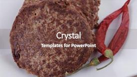  Presentation with cutlery - Slides enhanced with fresh juicy beef meat hamburger with dry pepper on white plate over tablecloth with cutlery background and a tawny brown colored foreground