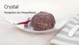  Presentation with tablecloth - Beautiful slides featuring fresh juicy beef meat hamburger with dry pepper on white plate over tablecloth with cutlery backdrop and a cream colored foreground