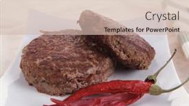  Presentation with tablecloth - Audience pleasing theme consisting of fresh juicy beef meat hamburger with dry pepper on white plate over tablecloth with cutlery backdrop and a soft green colored foreground