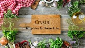  Presentation with herbs - Presentation theme having fresh kitchen herbs and spices on wooden table top view background and a coral colored foreground