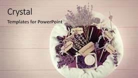  Presentation with lavender flowers - Slide set enhanced with fresh lavender flowers and bottles with oil wrapped in towel on wooden background background and a soft green colored foreground