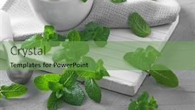  Presentation with lemon - Presentation theme enhanced with fresh lemon balm on table closeup background and a seafoam green colored foreground