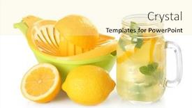  Presentation with lemons - Theme having fresh lemons juicer and jar with lemonade on white background background and a blonde colored foreground