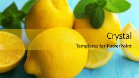 Presentation with lemons - Presentation theme featuring fresh lemons with green leaves on blue table closeup background and a gold colored foreground