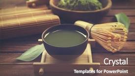  Presentation with matcha green tea - Theme having fresh matcha tea on wooden background and a violet colored foreground