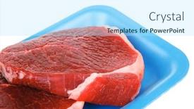  Presentation with fresh fruits and leafy greens dairy meat - Presentation theme enhanced with fresh-meat-raw-uncooked-fat background and a sky blue colored foreground