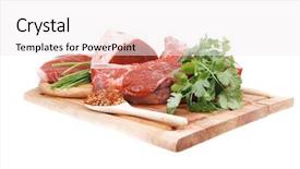  Presentation with green plate - Slides enhanced with fresh meat raw uncooked fat background and a sky blue colored foreground