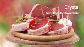  Presentation with pork rib - Colorful slides enhanced with fresh meat raw uncooked fat lamb pork rib and fillet with green stuff and red chili pepper on wooden plate isolated over white background backdrop and a coral colored foreground