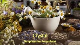  Presentation with herbal medicine healing herbs mortar - Beautiful presentation theme featuring fresh medicinal healing herbs backdrop and a tawny brown colored foreground