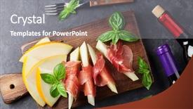  Presentation with bottle red wine - PPT theme with fresh melon with prosciutto and basil antipasti and red wine bottle top view on dark stone table background and a gray colored foreground