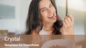  Presentation with brunch breakfast buffet healthy continental - PPT layouts enhanced with fresh morning - brunette woman having healthy breakfast background and a coral colored foreground