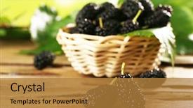  Presentation with wicker - Presentation theme with fresh mulberry in wicker basket on wooden table closeup background and a gold colored foreground