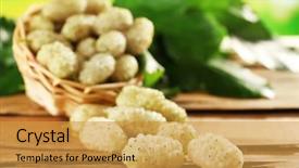  Presentation with sliced fresh papaya on wooden - Slide deck with fresh mulberry in wicker basket background and a yellow colored foreground