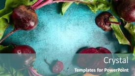  Presentation with beetroot - Amazing PPT theme having fresh organic beetroot with green leaves on a blue background top view copy space backdrop and a light blue colored foreground