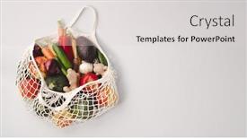  Presentation with fresh fruits vegetables - Slide deck having fresh organic fruits and vegetables in mesh textile bag background and a light gray colored foreground