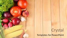  Presentation with fresh fruits vegetables - Theme enhanced with fresh organic fruits and vegetables on wooden background background and a lemonade colored foreground