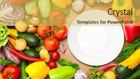  Presentation with white plate - PPT theme with fresh organic vegetables on wooden background and a yellow colored foreground